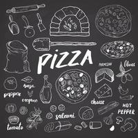 Pizza menu hand drawn sketch set. Pizza preparation design template with cheese, olives, salami, mushrooms, tomatoes, flour and other ingredients. vector illustration isolated on white background