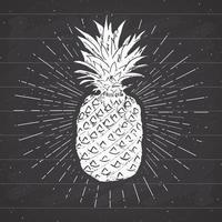 etiqueta vintage, piña dibujada a mano, plantilla de placa retro con textura grunge, ilustración de vector de diseño de tipografía sobre fondo de pizarra