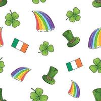 Día de San Patricio dibujado a mano doodle de patrones sin fisuras, con sombrero de duende, arco iris, trébol de cuatro hojas, bandera de Irlanda ilustración vectorial de fondo. vector