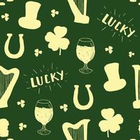 St Patrick's Day hand drawn seamless pattern, with leprechaun hat, coins, beer cup, four leaf clover, horseshoe and celtic harp vector illustration