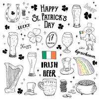 St Patricks Day hand drawn doodle set, with leprechaun, pot of gold coins, rainbow, beer, four leaf clover, horseshoe, celtic harp and flag of Ireland vector illustration isolated on white