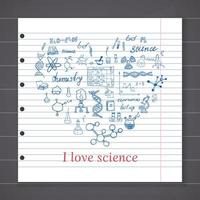 Chemistry and sciense elements doodles icons set. Hand drawn sketch with microscope, formulas, experiments equpment, analysis tools, vector illustration on chalkboard background