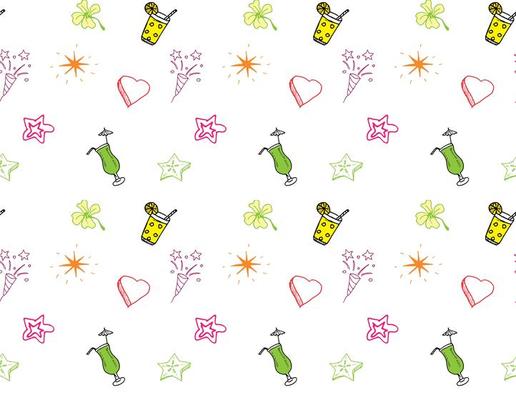 Hand drawn Birthday, party background Seamless pattern with drinks hearts and stars