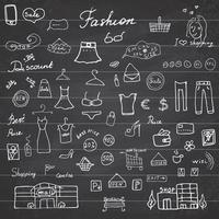 Fashion collection Sketchy Doodles set with Lettering, Hand-Drawn Vector Illustration Design Elements on Lined Sketchbook on chalkboard background