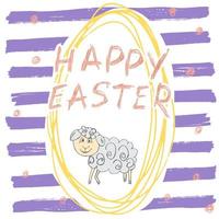 Feliz pascua tarjeta de felicitación dibujada a mano con letras y elementos de doodle esbozados forma de huevo de pascua de oveja linda sobre fondo de color vector