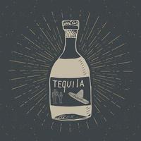 etiqueta vintage, botella dibujada a mano de boceto de bebida alcohólica tradicional mexicana tequila, insignia retro con textura grunge, diseño de emblema, impresión de camiseta de tipografía, ilustración vectorial vector