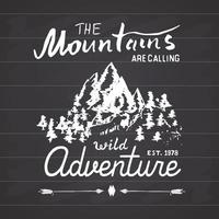 Mountains handdrawn sketch emblem. outdoor camping and hiking activity, Extreme sports, outdoor adventure symbol, vector illustration on chalkboard background