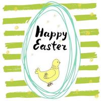 Happy Easter hand drawn greeting card with lettering and sketched doodle elements cute chicken in easter egg shape on color background vector