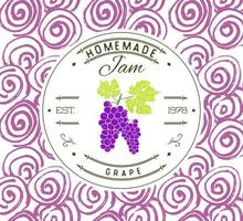 Jam label design template. for grape dessert product with hand drawn sketched fruit and background. Doodle vector Grape illustration brand identity