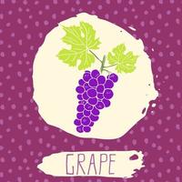 Grape hand drawn sketched fruit with leaf on background with dots pattern. Doodle vector grape for logo, label, brand identity
