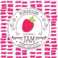 Jam label design template. for raspberry dessert product with hand drawn sketched fruit and background. Doodle vector raspberry illustration brand identity