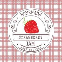 Jam label design template. for strawberry dessert product with hand drawn sketched fruit and background. Doodle vector strawberry illustration brand identity