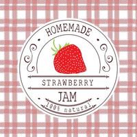 Jam label design template. for strawberry dessert product with hand drawn sketched fruit and background. Doodle vector strawberry illustration brand identity