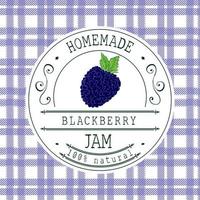 plantilla de diseño de etiqueta de mermelada. para el producto de postre de mora con frutas y fondo esbozados a mano. Doodle vector blackberry ilustración identidad de marca