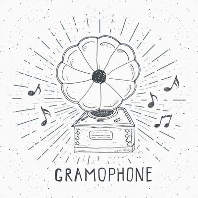 Gramophone vintage label, Hand drawn sketch, grunge textured retro badge, typography design t-shirt print, vector illustration