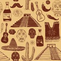 Mexico seamless pattern doodle elements, Hand drawn sketch mexican traditional sombrero hat, poncho, cactus and tequila bottle, map of mexico, skull, music instruments. vector illustration background.