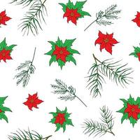 New Year and Christmas hand drawn plants, poinsettia flowers and pine branches seamless pattern background. Vector Illustration isolated on white.