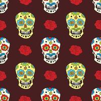 Día de los muertos de patrones sin fisuras, calaveras de azúcar dibujadas a mano y fondo de rosas, ilustración vectorial vector