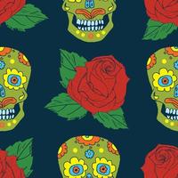 Día de los muertos de patrones sin fisuras, calaveras de azúcar dibujadas a mano y fondo de rosas, ilustración vectorial vector