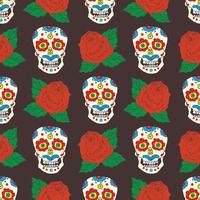 Día de los muertos de patrones sin fisuras, calaveras de azúcar dibujadas a mano y fondo de rosas, ilustración vectorial vector