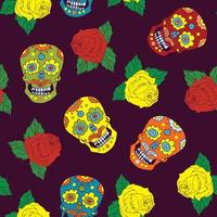 Day of the Dead seamless pattern, handdrawn sugar skulls and roses background, vector illustration