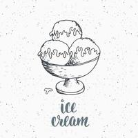 helado con boceto de letras, etiqueta vintage, insignia texturizada grunge dibujada a mano, plantilla de logotipo retro, ilustración de vector de diseño de tipografía.