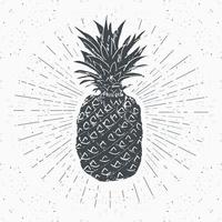 etiqueta vintage, piña dibujada a mano, plantilla de placa retro con textura grunge, ilustración de vector de diseño de tipografía