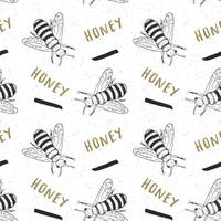 Bee hand drawn seamless pattern, with word honey vector illustration