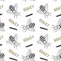 Bee hand drawn seamless pattern, with word honey vector illustration