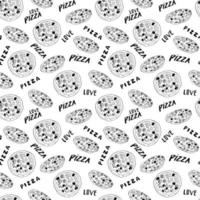Pizza seamless pattern hand drawn sketch. Pizza slice doodles and words pizza love Food background. Vector illustration
