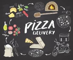 Pizza hand drawn sketch set. Pizza preparation and delivery process with flour and other food ingredients, paper box, oven and kitchen tools, scooter, pizza bag design template. Vector illustration