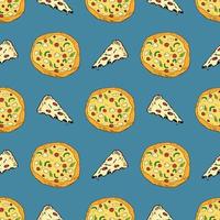 Pizza seamless pattern hand drawn sketch. Whole pizza and slice doodles Food background. Vector illustration