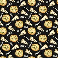 Pizza seamless pattern hand drawn sketch. Pizza slice doodles and words pizza love Food background. Vector illustration