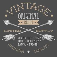 T-shirt Printing design, typography graphics, Vintage original denim vector illustration with crossed arrows hand drawn sketch. Retro style Badge Applique Label