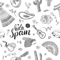 elementos de doodle de patrones sin fisuras de españa, bocetos dibujados a mano guitarras tradicionales españolas, instrumentos musicales y de vestimenta, mapa de españa y letras - hola españa. fondo de ilustración vectorial vector