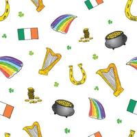 Día de San Patricio dibujado a mano doodle de patrones sin fisuras, con olla de duende de monedas de oro, arco iris, cerveza, trébol de cuatro hojas, herradura, arpa celta y bandera de Irlanda ilustración vectorial de fondo. vector