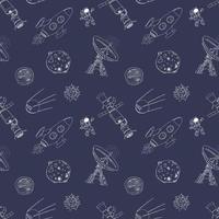 Space doodles icons seamless pattern. Hand drawn sketch with meteors, Sun and Moon, radar, astronaut and rocket. vector illustration