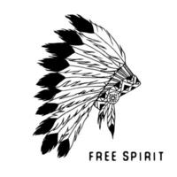 Native american traditional headdress with bird feathers and beads. Tribal legend in Indian style, Vector illustration, letters Free spirit. isolated