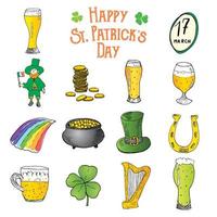 St Patricks Day hand drawn doodle icons set, with leprechaun, pot of gold coins, rainbow, beer, four leaf clover, horseshoe, celtic harp and flag of Ireland vector illustration isolated on white