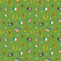 Día de San Patricio dibujado a mano doodle de patrones sin fisuras, con duende, olla de monedas de oro, arco iris, cerveza, trébol de cuatro hojas, herradura, arpa celta y bandera de irlanda ilustración vectorial vector