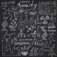 Chemistry and sciense elements doodles icons set. Hand drawn sketch with microscope, formulas, experiments equpment, analysis tools, vector illustration on chalkboard background