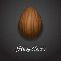 Happy Easter greeting card design with creative wooden easter egg on dark background and sign Happy Easter, vector illustration