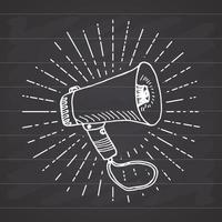 Bullhorn or megaphone, loudspeaker, Hand Drawn Sketch on retro vintage sunrays. Vector Illustration isolated on chalkboard background.