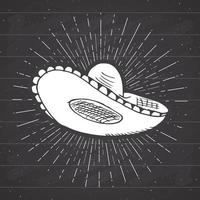 etiqueta vintage, boceto de sombrero mexicano tradicional dibujado a mano, insignia retro con textura grunge, diseño de emblema, impresión de camiseta de tipografía, ilustración vectorial sobre fondo de pizarra vector