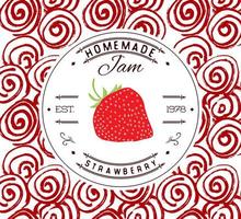 Jam label design template. for strawberry dessert product with hand drawn sketched fruit and background. Doodle vector strawberry illustration brand identity