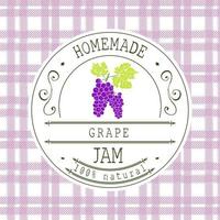 Jam label design template. for grape dessert product with hand drawn sketched fruit and background. Doodle vector Grape illustration brand identity