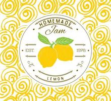 Jam label design template. for lemon dessert product with hand drawn sketched fruit and background. Doodle vector lemon illustration brand identity