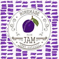 Jam label design template. for plum dessert product with hand drawn sketched fruit and background. Doodle vector plum illustration brand identity