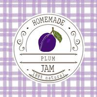 Jam label design template. for plum dessert product with hand drawn sketched fruit and background. Doodle vector plum illustration brand identity