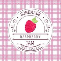 Jam label design template. for raspberry dessert product with hand drawn sketched fruit and background. Doodle vector raspberry illustration brand identity